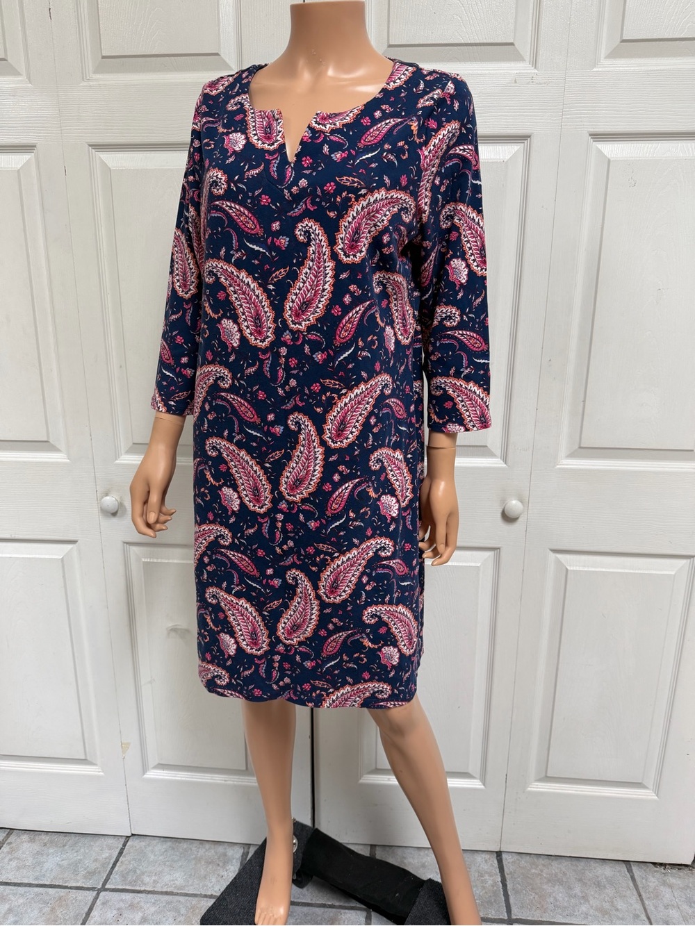 Talbots Cotton Knit Navy Paisley 3/4 Sleeve Dress Size L Boho Vacation